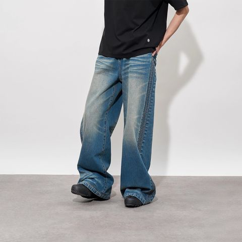 FMACM Distressed Yellowed Washed Creased Denim Long Pants