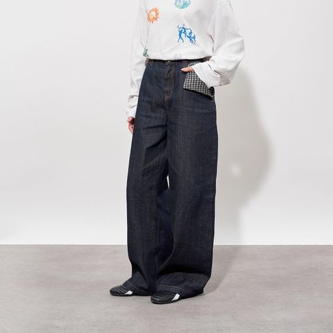 FMACM Plaid Patchwork A-Line Raw-Edge Denim Trousers