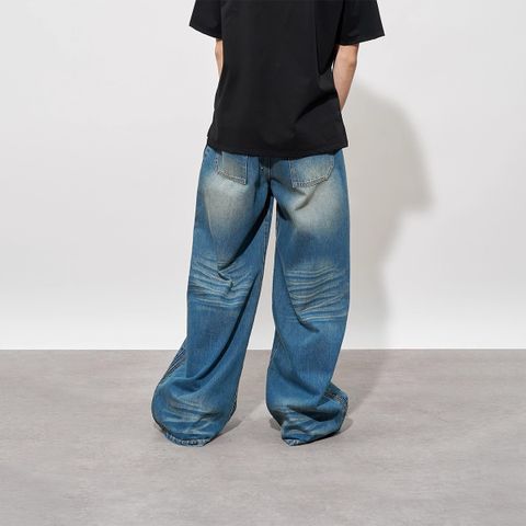 FMACM Distressed Yellowed Washed Creased Denim Long Pants