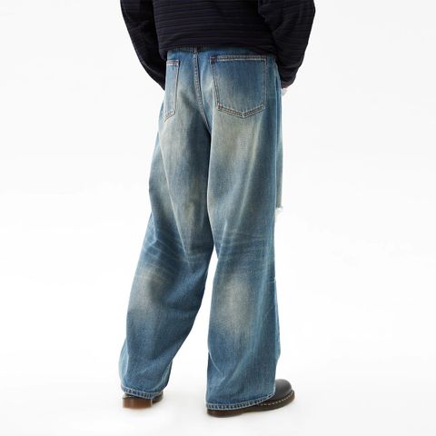 FMACM Sullen and Mad 24AW Washed Hand Ripped Old Knife Cut Wide Leg Jeans Vintage Trousers