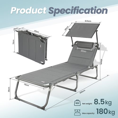 Klappbare Sonnenliege mit Dach, 2*2 Textilene-Polsterung aus schnell trocknendem Schaumstoff