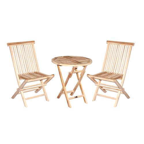 Juego de balcón de 3 piezas, teca, silla plegable, mesa plegable, juego de bistró redondo Ø 60 cm, teca de 3 piezas