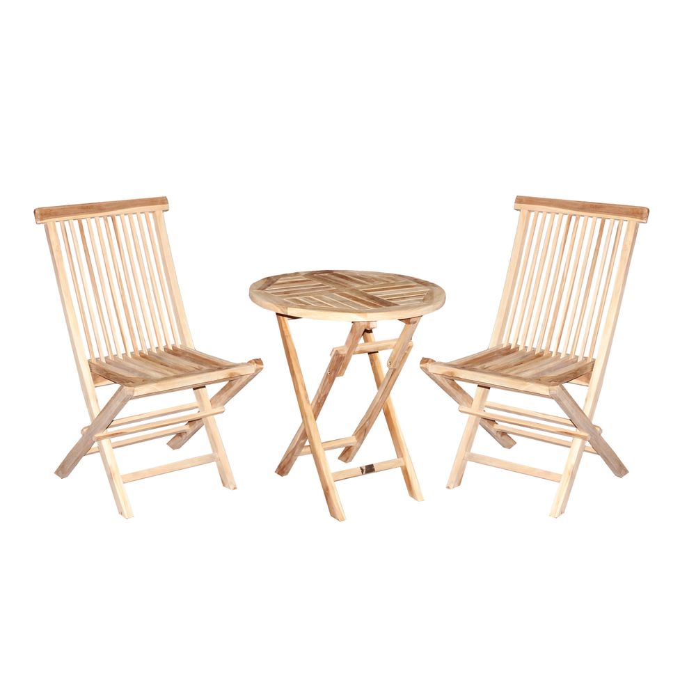 Set da balcone 3 pezzi, teak, sedia pieghevole, tavolo pieghevole, set da bistrot rotondo Ø 60 cm, teak 3 pezzi