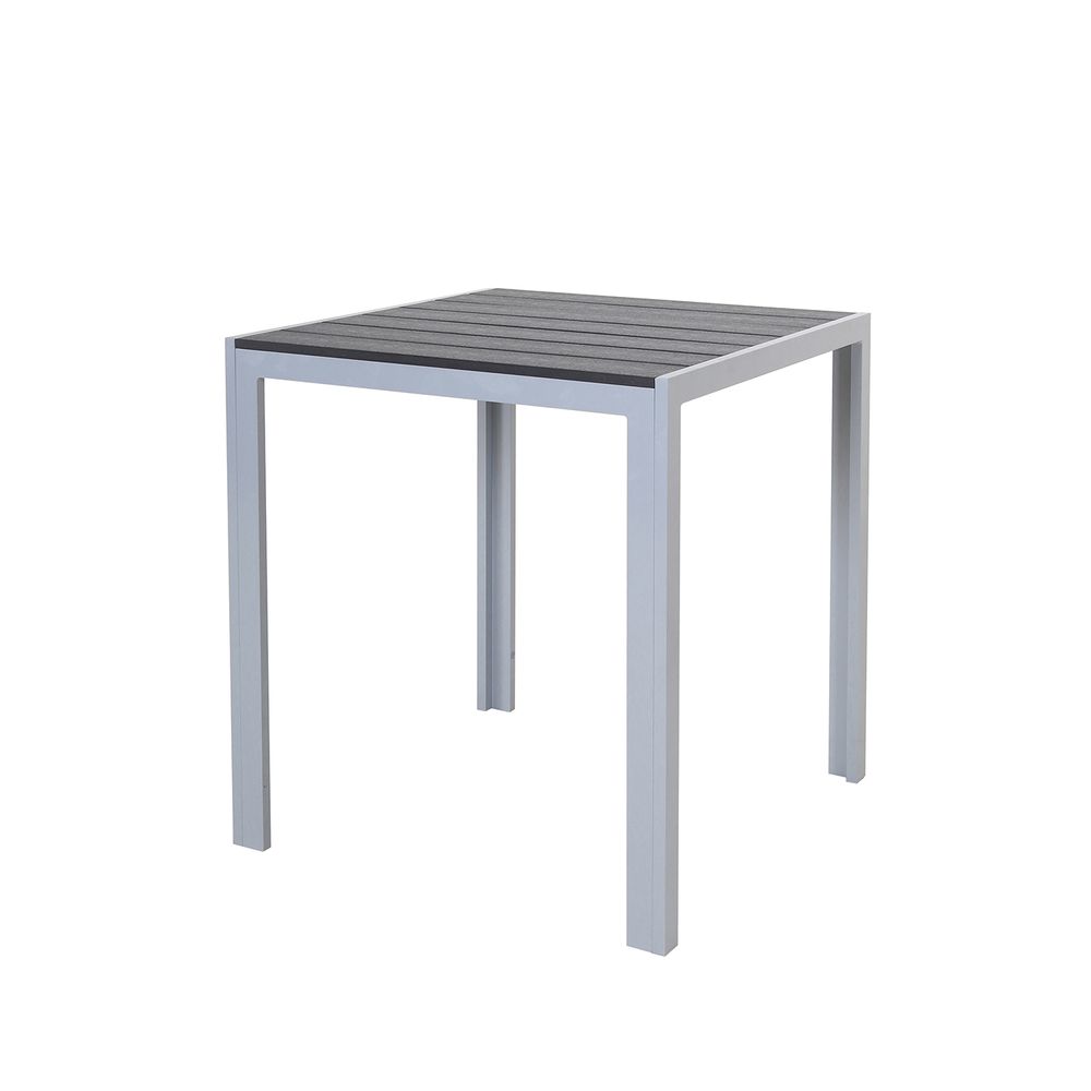 Tavolo in alluminio con superficie in polywood, argento e nero, 70 x 70 x 75 cm