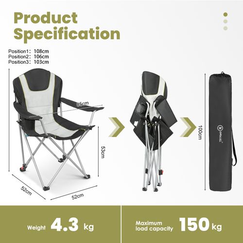 Foldable Camping Chair Fishing Chair with 3-way adjustable backrest