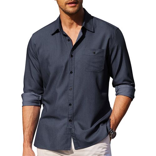 Men's Cotton Linen Casual Button Pocket Long Sleeve Shirt