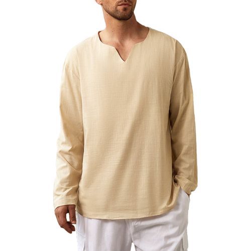 Men's Long Sleeve V Neak Linen T-Shirt