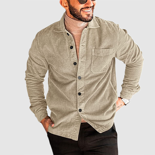 Autumn and winter new men's corduroy jacket long sleeve buckle solid color casual shirt coat