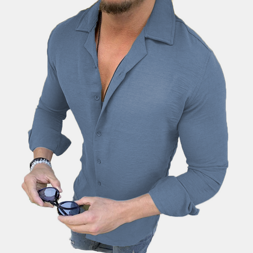 Men's casual cotton and linen lapel long sleeve men's shirt