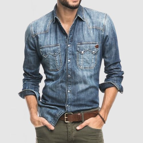 Men's New Double Pocket Men's Casual Long Sleeve Denim Shirt