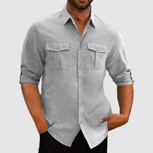 Men's shirt double pocket long sleeve shirt casual vacation shirt