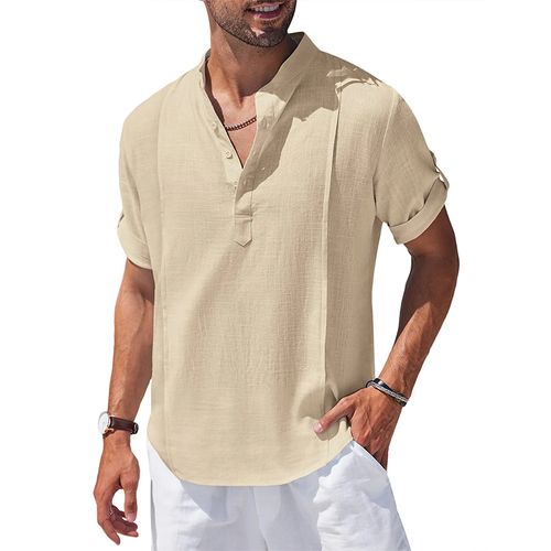 Men's Linen Cotton Henley Shirt Casual Beach Hippie Shirts Short Sleeve T Shirts