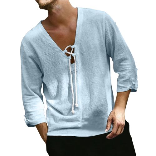 Men's solid color loose casual fashion linen drawn rope top