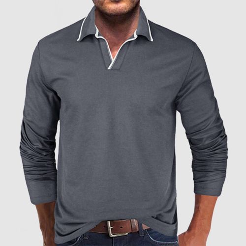 Men's New Casual Threaded Long Sleeve V-Neck POLO Shirt