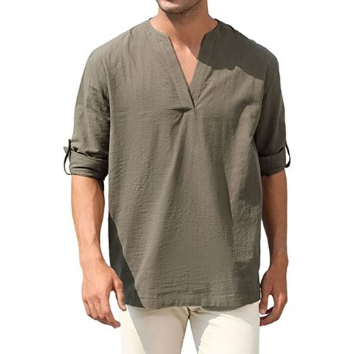 Men's casual cotton and linen solid color long-sleeved shirt loose standing collar shirt