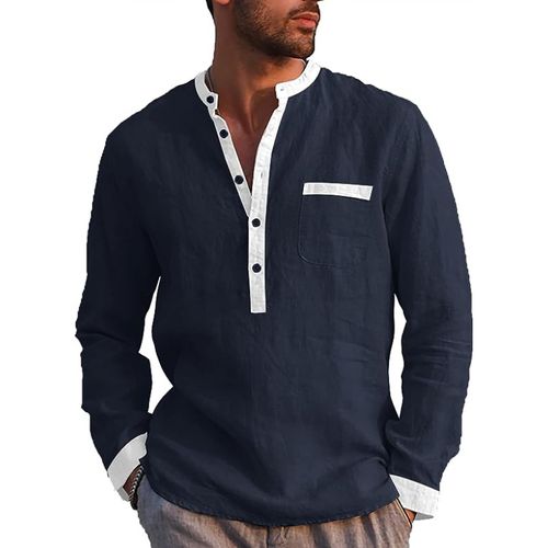 Men's Casual Contrasting Color Cotton Linen Long Sleeve Henley Shirt