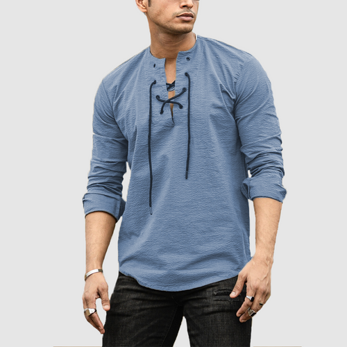 Men's cotton hemp Henry shirt long sleeve casual beach standing collar shirt