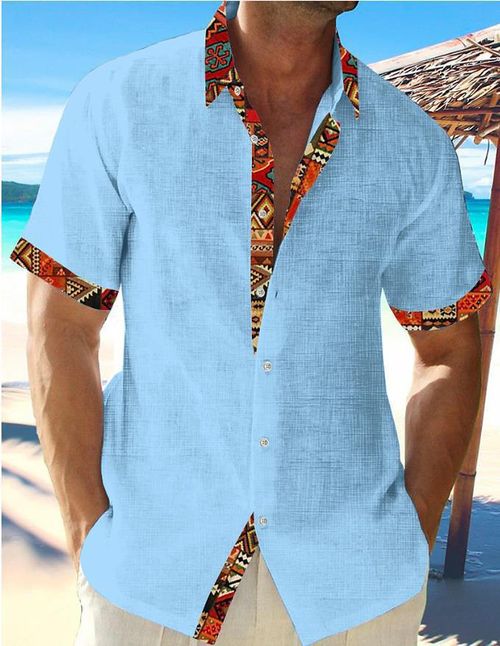 Men's new Hawaiian Beach vacation shirt cuff front lapel shirt