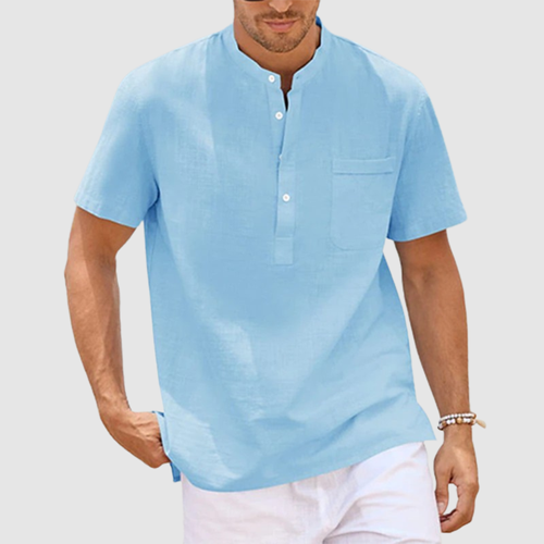 Men's summer cotton solid color pocket simple short-sleeved shirt