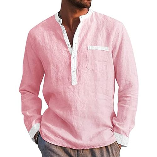 Men's Casual Contrasting Color Cotton Linen Long Sleeve Henley Shirt