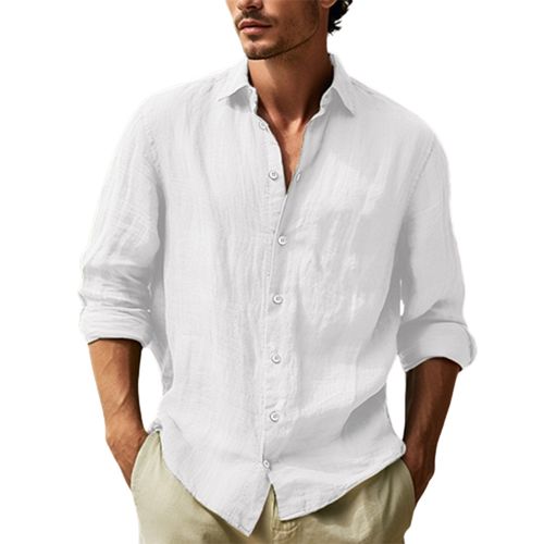 Men's Plain Beach Breathable Linen Cotton Long Sleeve Shirt