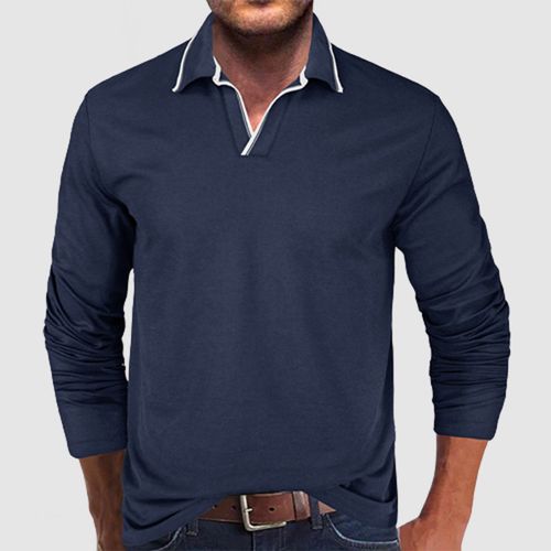 Men's New Casual Threaded Long Sleeve V-Neck POLO Shirt