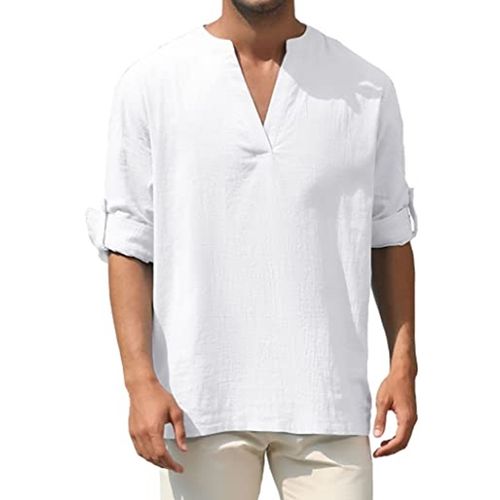 Men's casual cotton and linen solid color long-sleeved shirt loose standing collar shirt