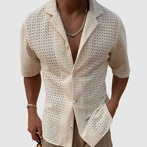 Men's summer hollowed-out sweater solid color lapel short sleeve knit shirt