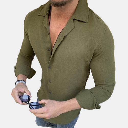 Men's casual cotton and linen lapel long sleeve men's shirt