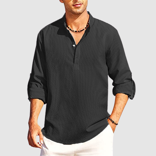 Men's solid color lapel autumn fresh large size casual loose cotton and linen shirt