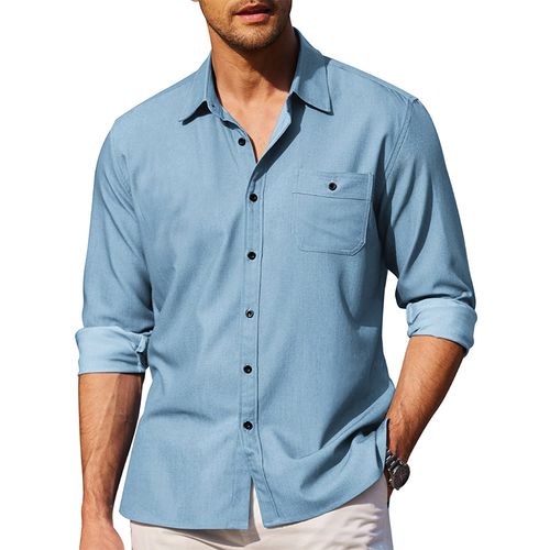 Men's Cotton Linen Casual Button Pocket Long Sleeve Shirt