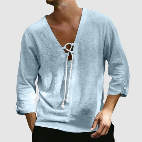 Men's solid color loose casual fashion linen drawn rope top