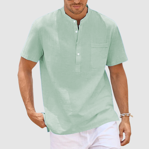 Men's summer cotton solid color pocket simple short-sleeved shirt