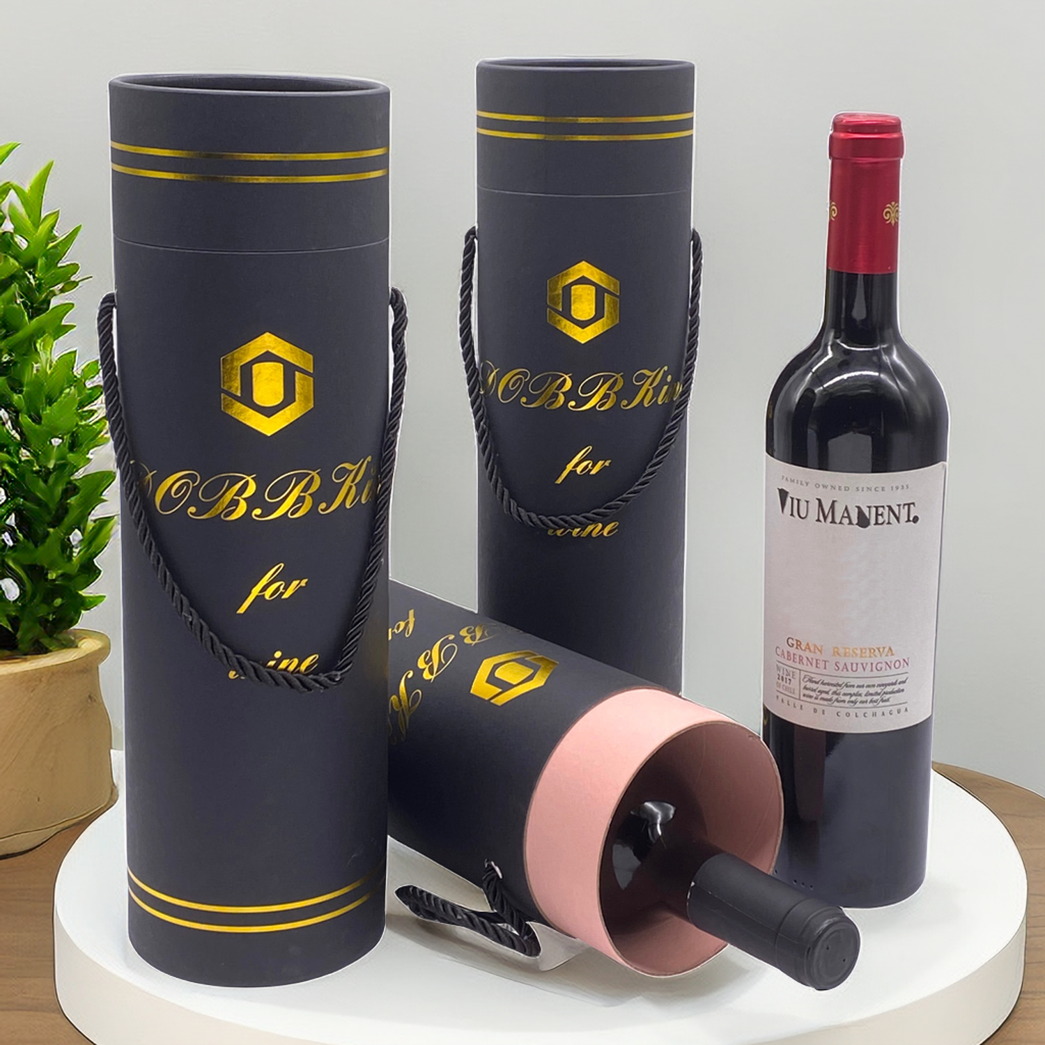 Black Cylinder Cardboard Tube Glass Wine Bottle Box Packaging For Whiskey Olive Oil Wine Bottle