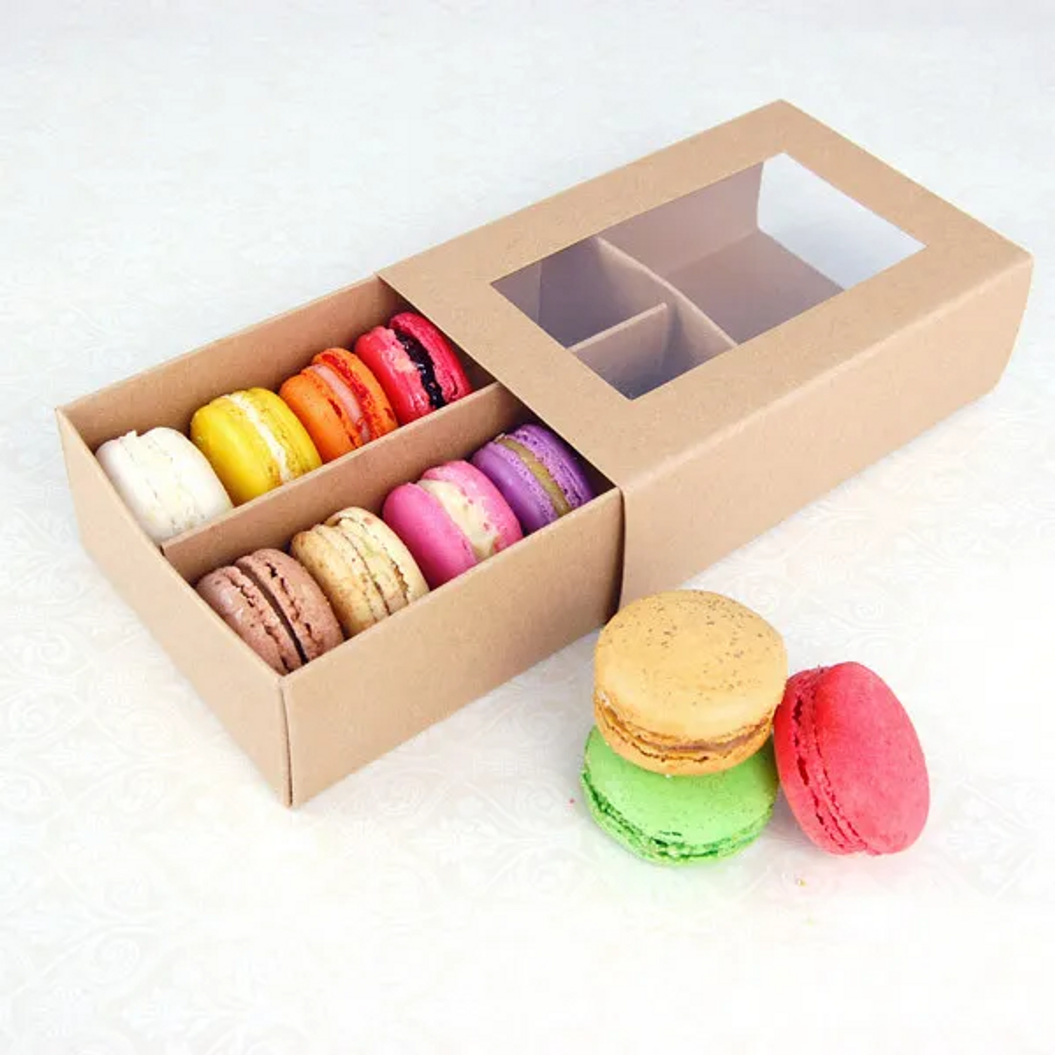 Custom Printed Paper Gift Drawer Box Pull Out Style With PVC Window For Macaron