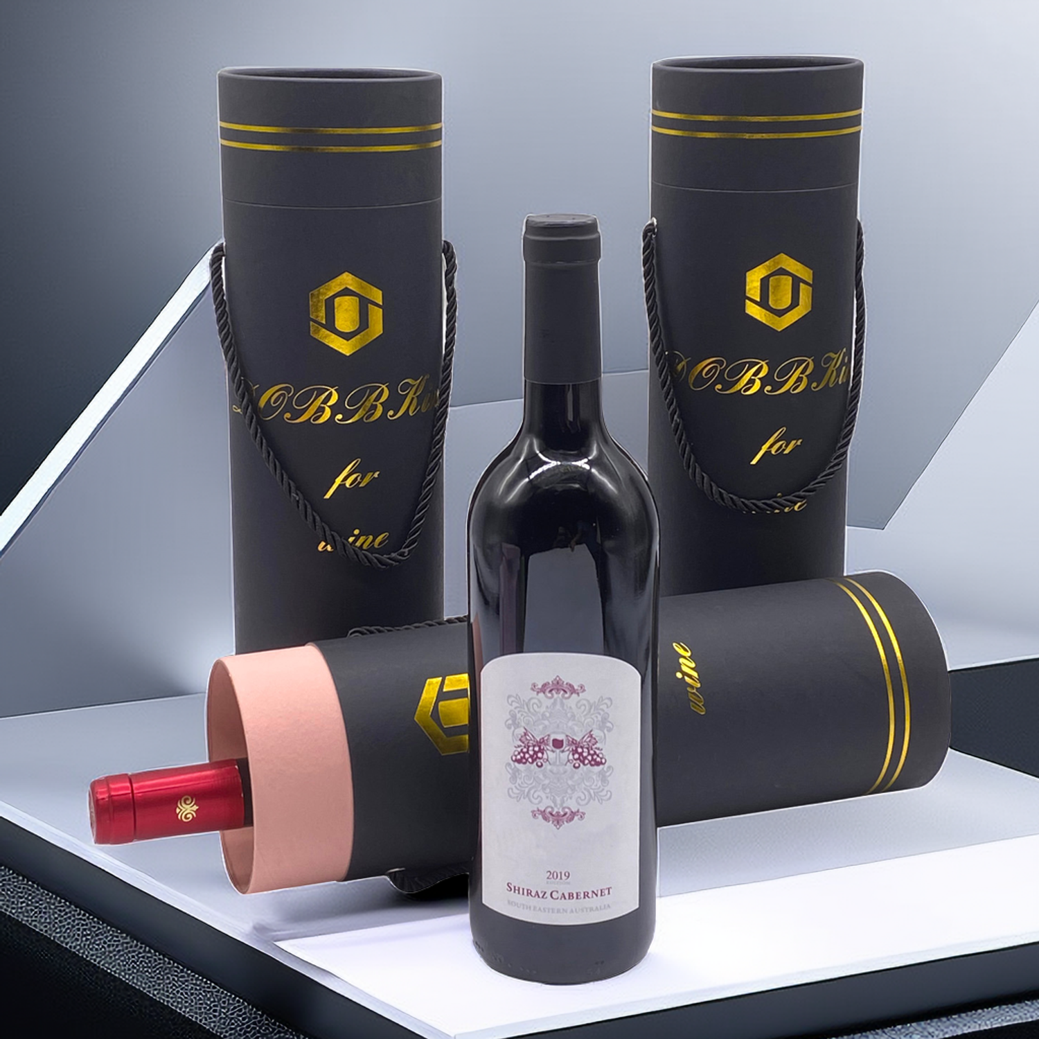 Black Cylinder Cardboard Tube Glass Wine Bottle Box Packaging For Whiskey Olive Oil Wine Bottle