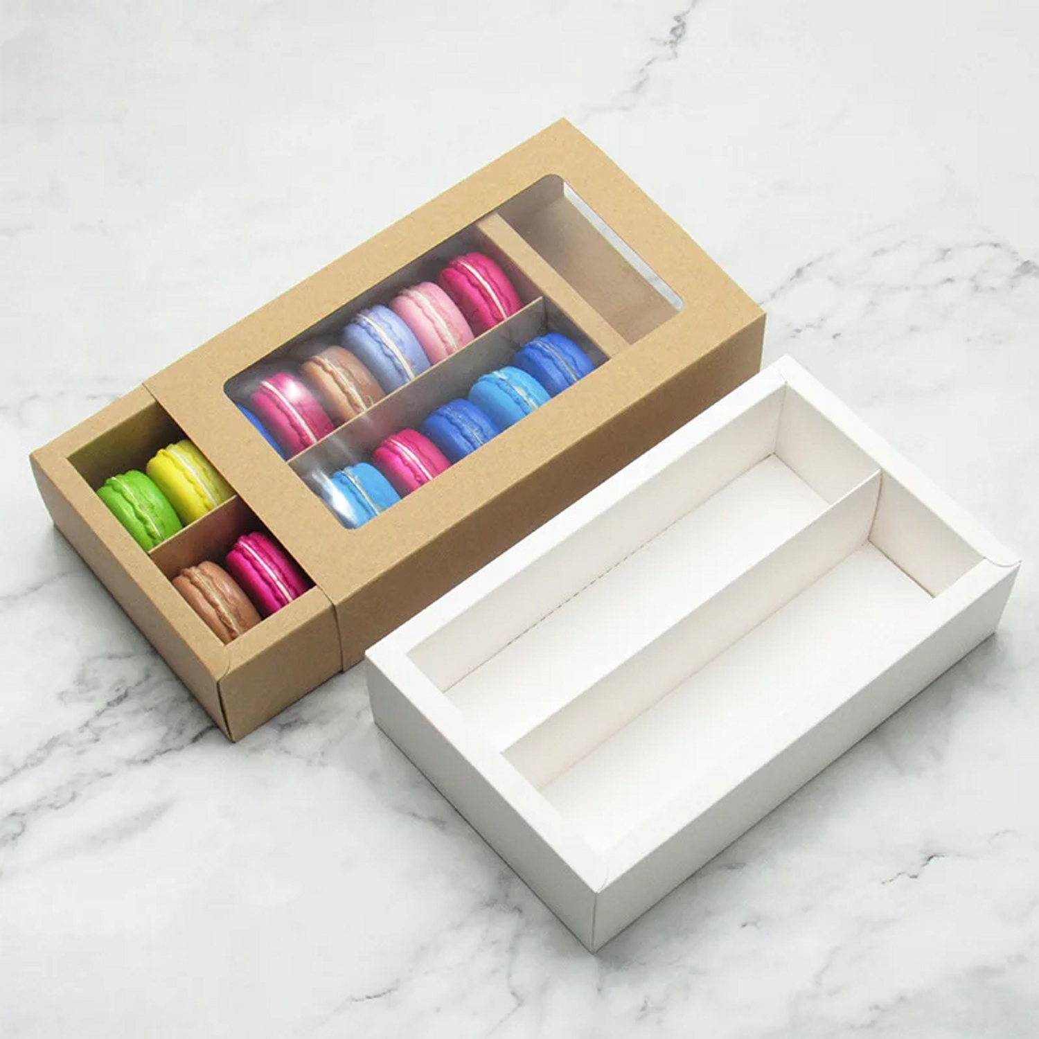 Custom Printed Paper Gift Drawer Box Pull Out Style With PVC Window For Macaron