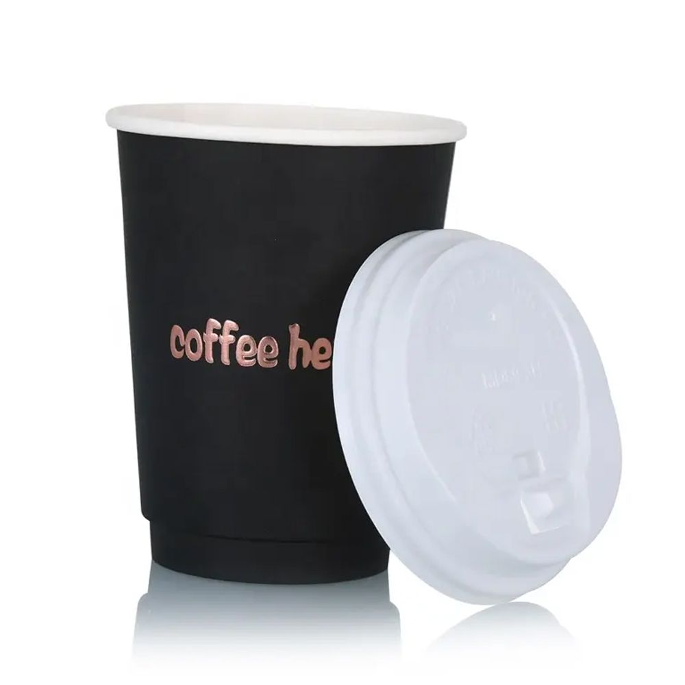 Custom Gold Foil Stamping Double Wall Coffee Cups with Lids