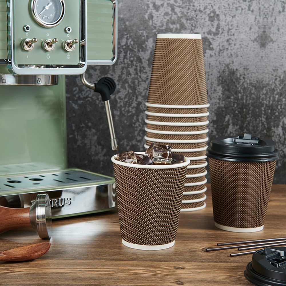 Ripple Wall Brown Paper Coffee Cups with Lids