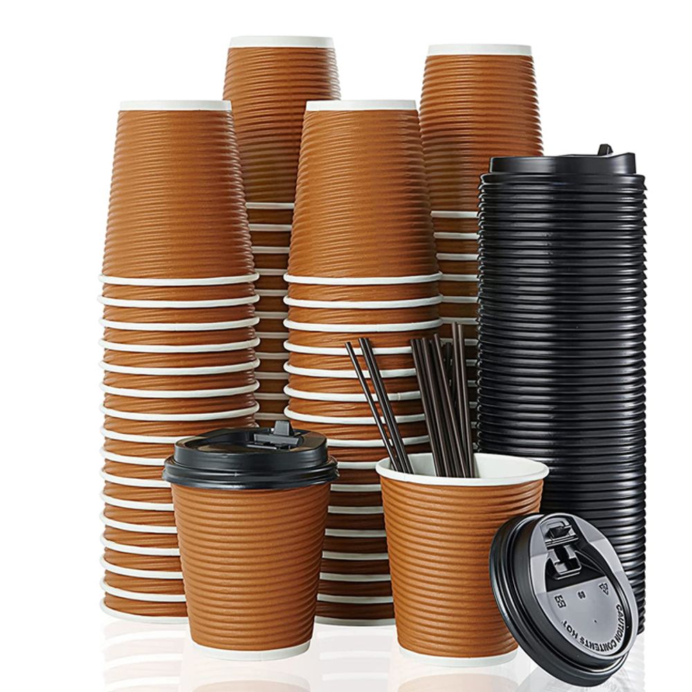 Custom Ripple Wall Disposable Brown Coffee Cups with Lids