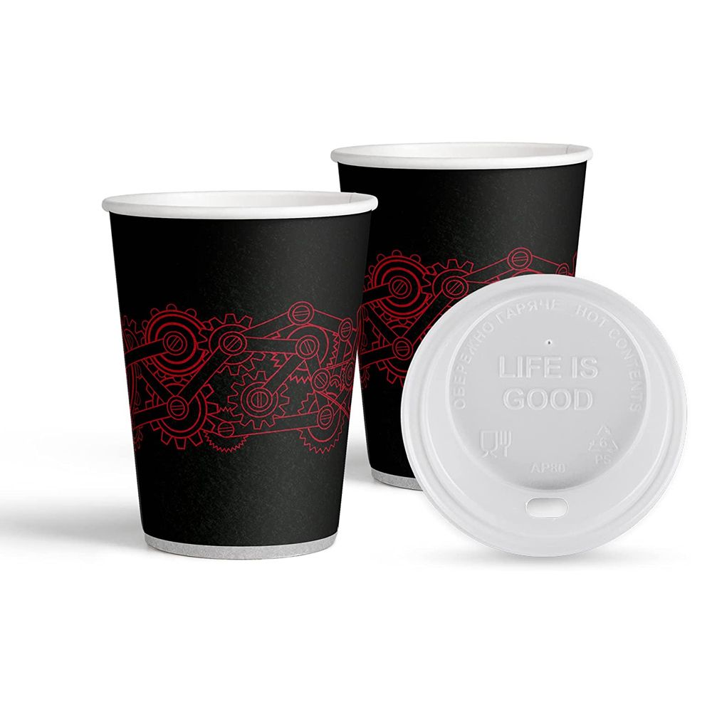Custom Cogwheel Single Wall Coffee Cups with Flat Lids