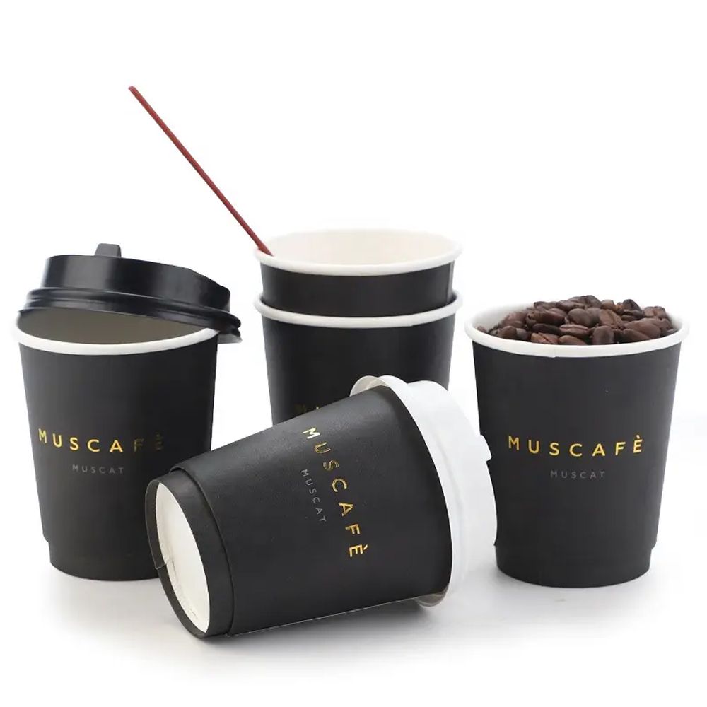 Custom Double Wall Hot Stamping Black Cups with Sleeves and Lids
