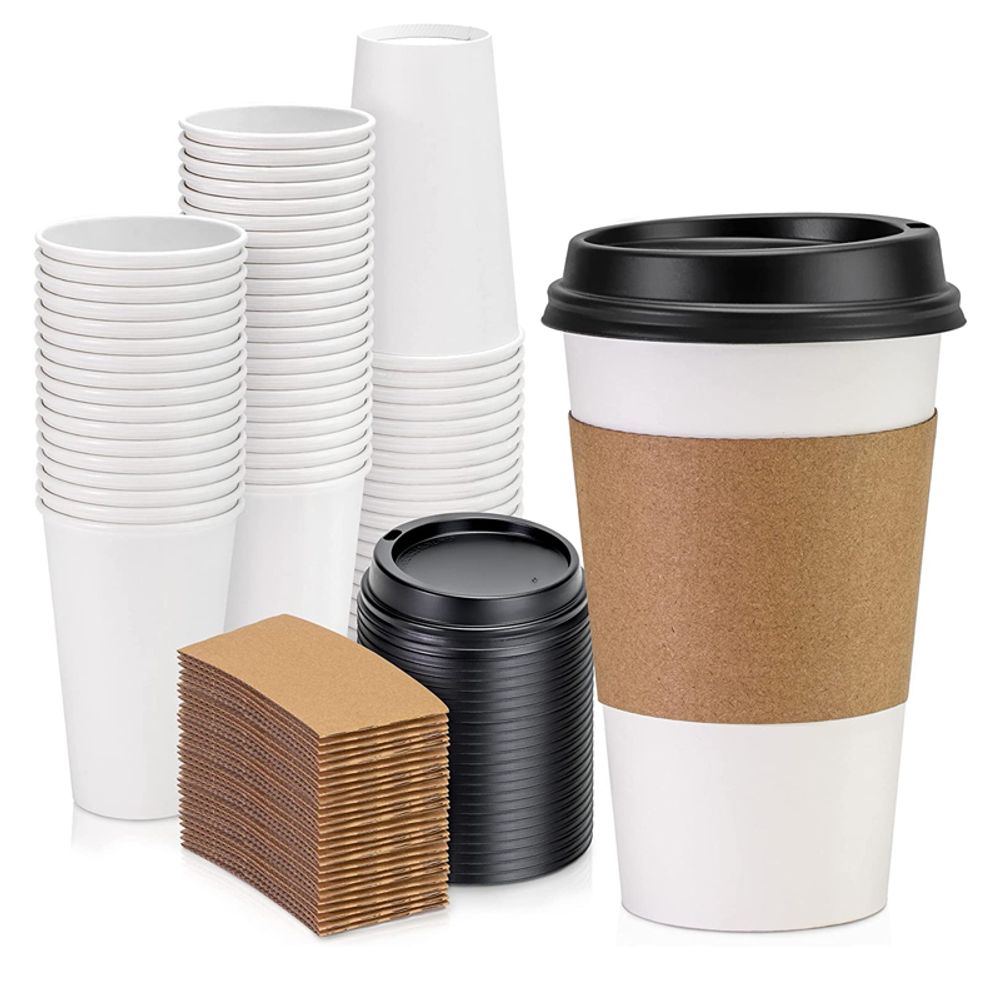 White Single Wall Paper Coffee Cups with Sleeves and Lids