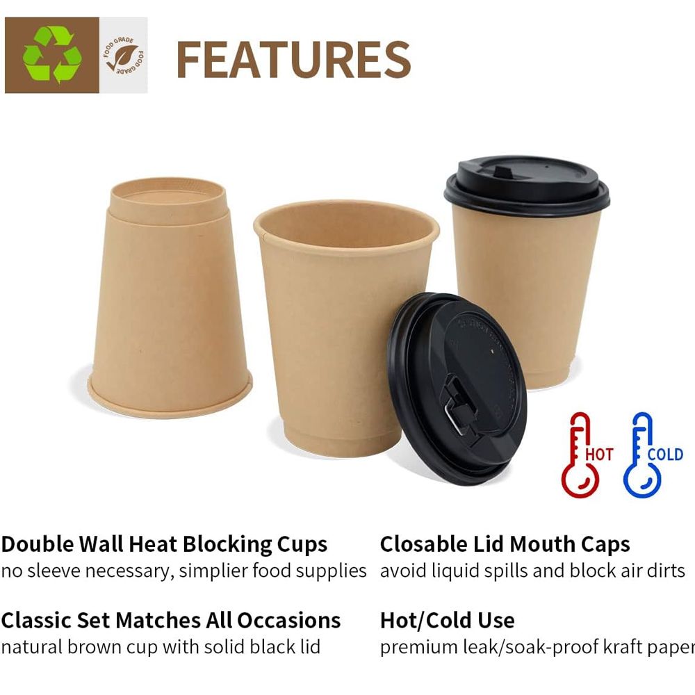 Brown Paper Coffee Cups with Black Lids