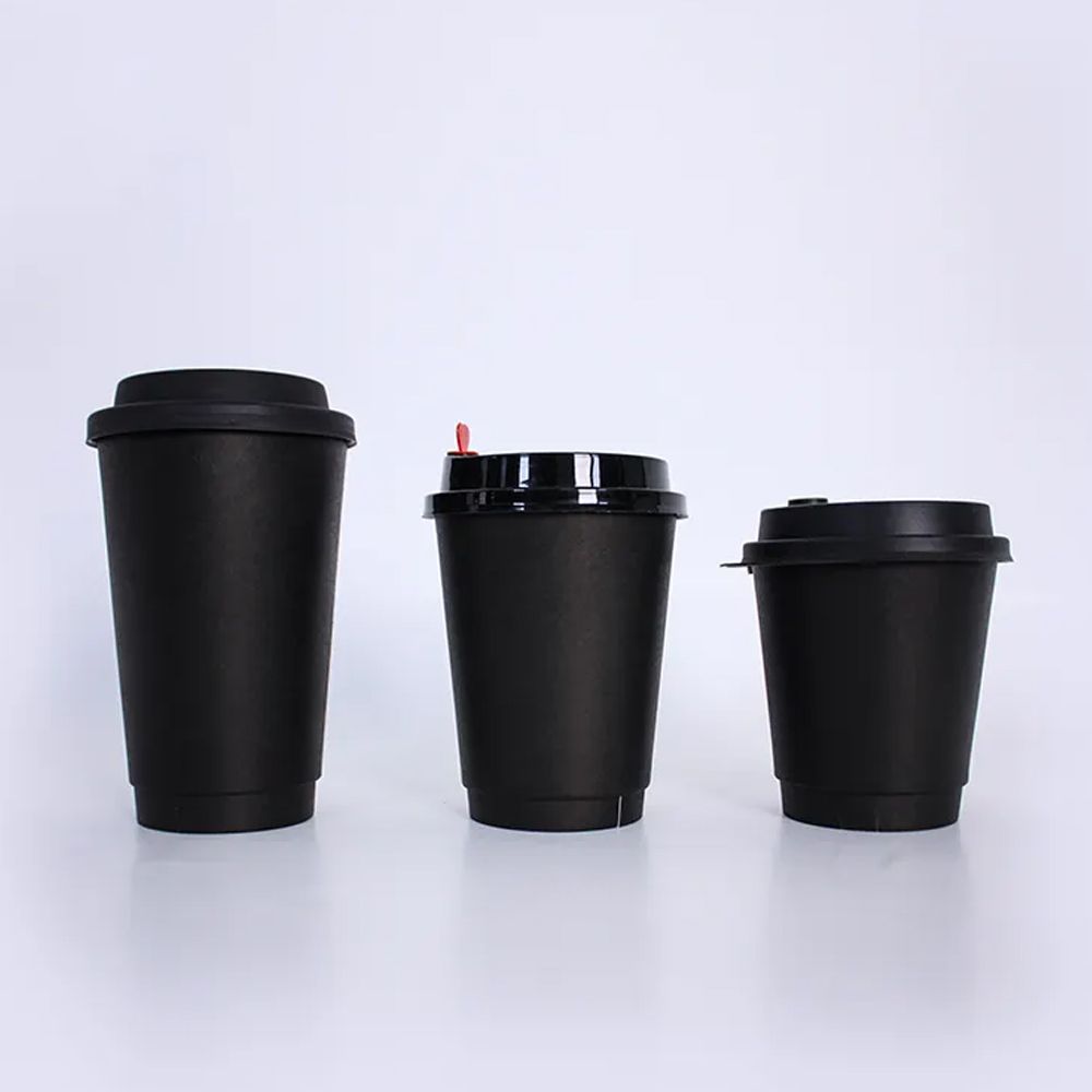 Disposable Double Wall Black Paper Coffee Cups with Lids
