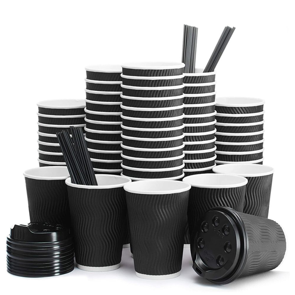 Anti-Scald Ripple Wall Black Coffee Cups with Lids