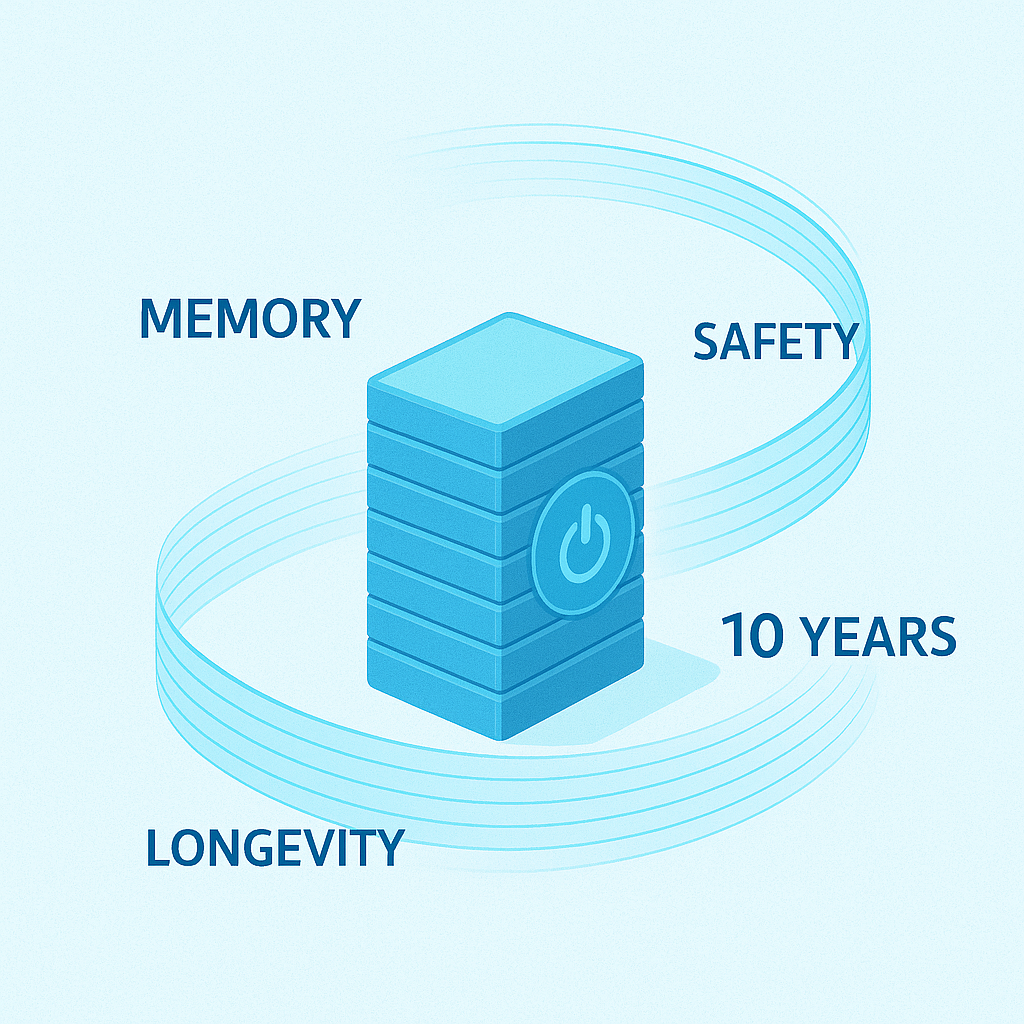 Battery management system with long-term memory, safety, and 10-year lifespan