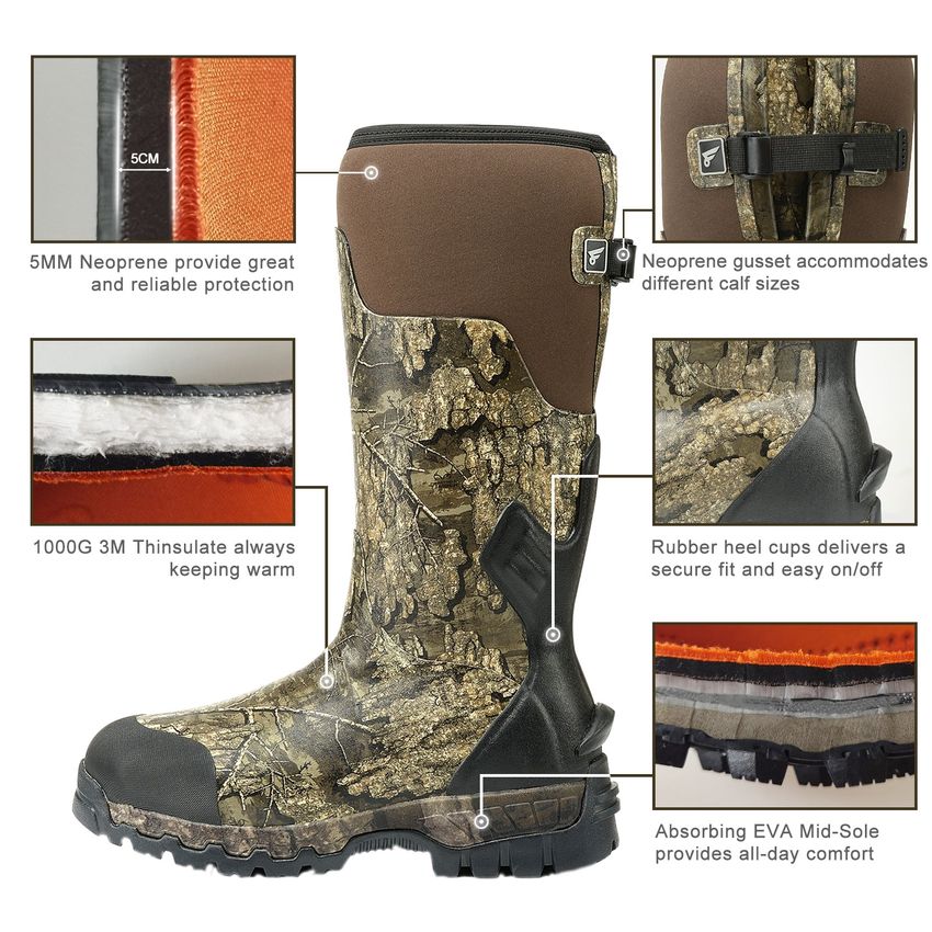 8 Fans Rubber Hunting Boots with 1000G Thinsulate Insulation,Realtree  Timber Camo Waterproof Rubber Boots with 5mm Neoprene for Men&Women
