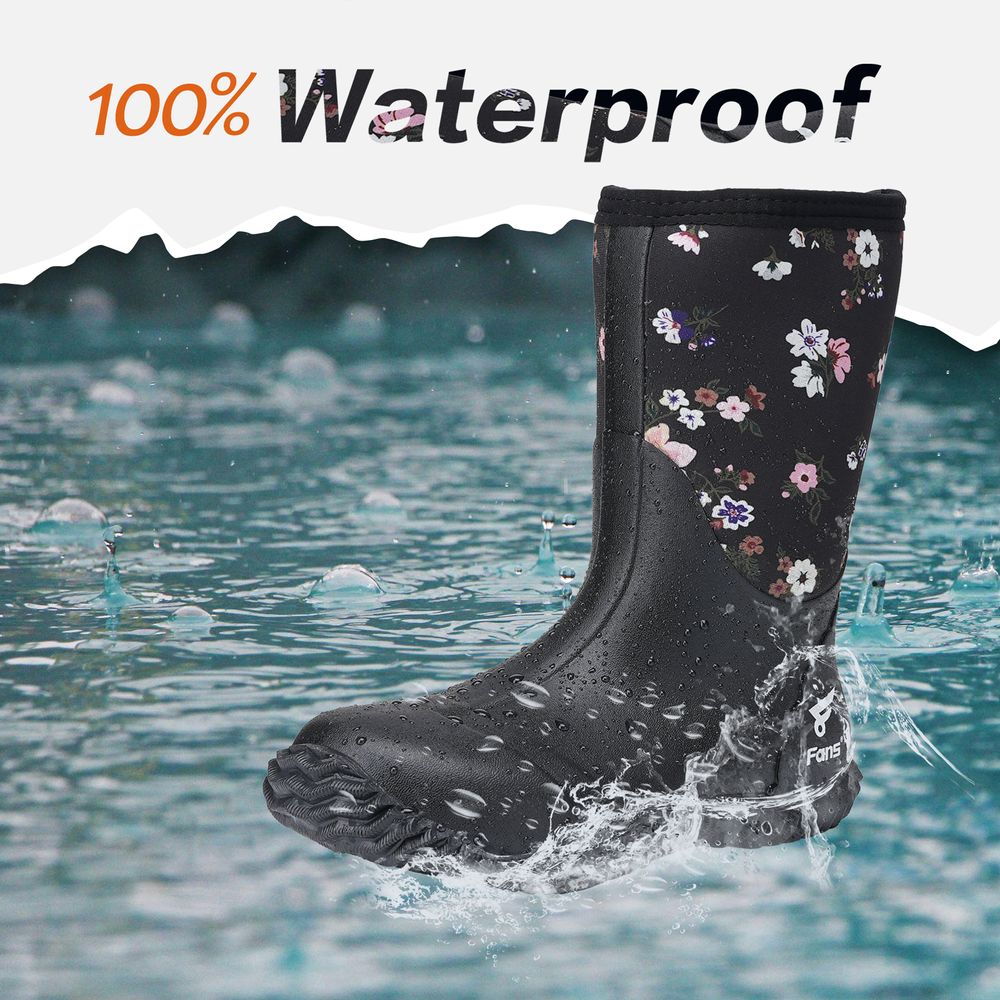 8 Fans Rubber Boots for Women,Waterproof 5.5 mm Neoprene Insulated Mid Calf Rain Boots with Steel Shank for Fishing Farming Gardening