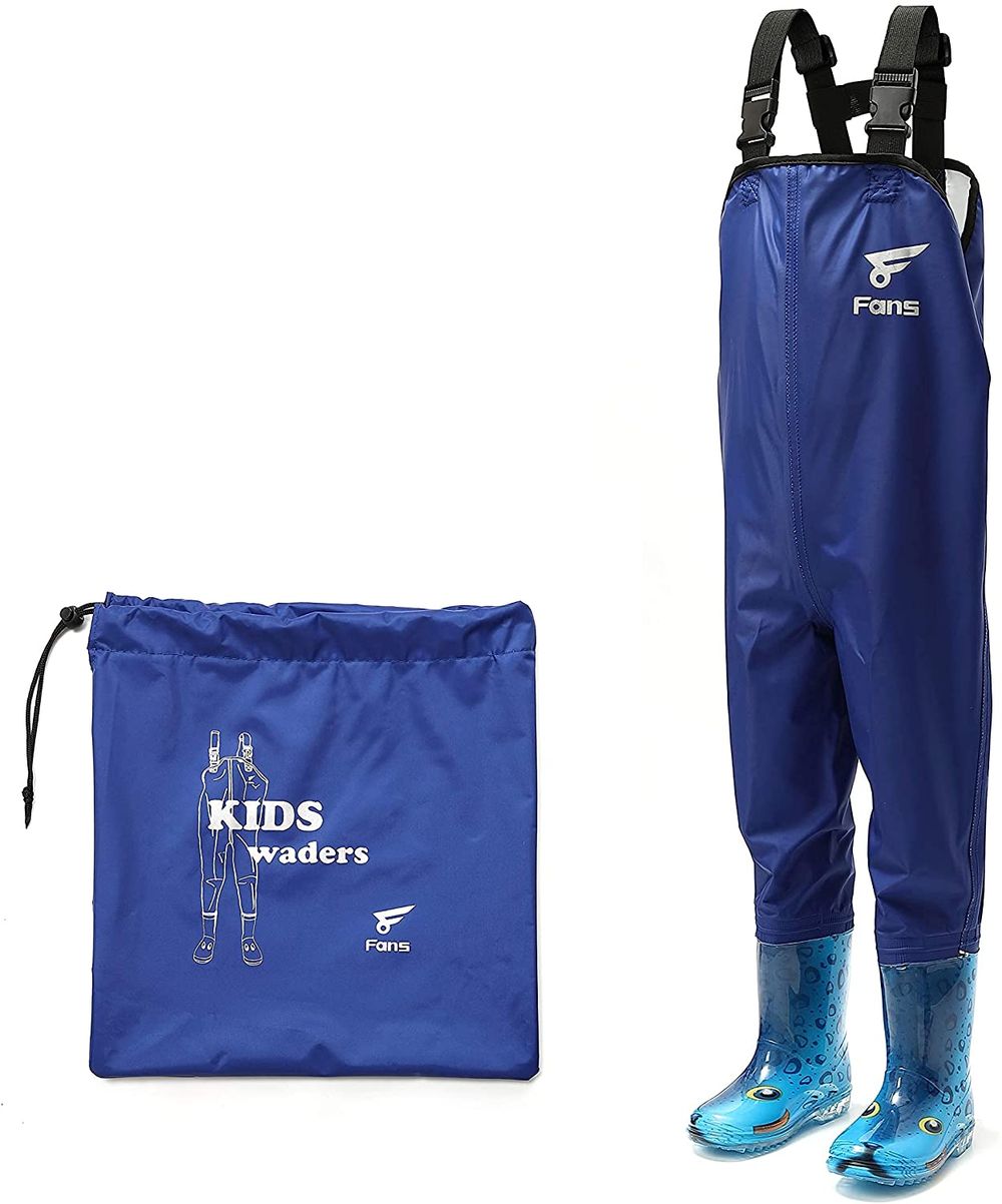 8Fans Kids Chest Waders, Waterproof Fishing Youth Waders , 2 Layers Waterproof Nylon PVC with Anti-Slip Cartoon Boots Blue